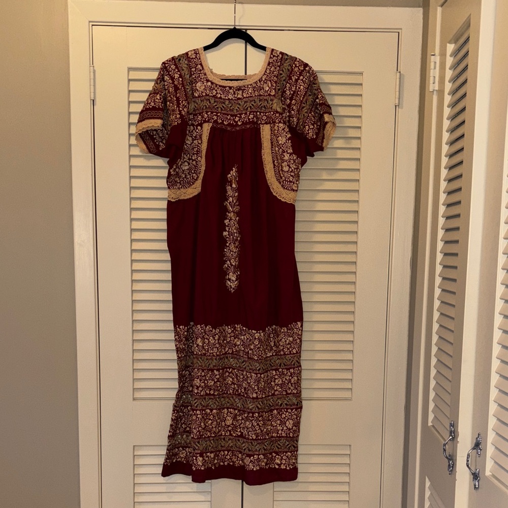 Maroon Embroidered Huipil / Mexican Dress